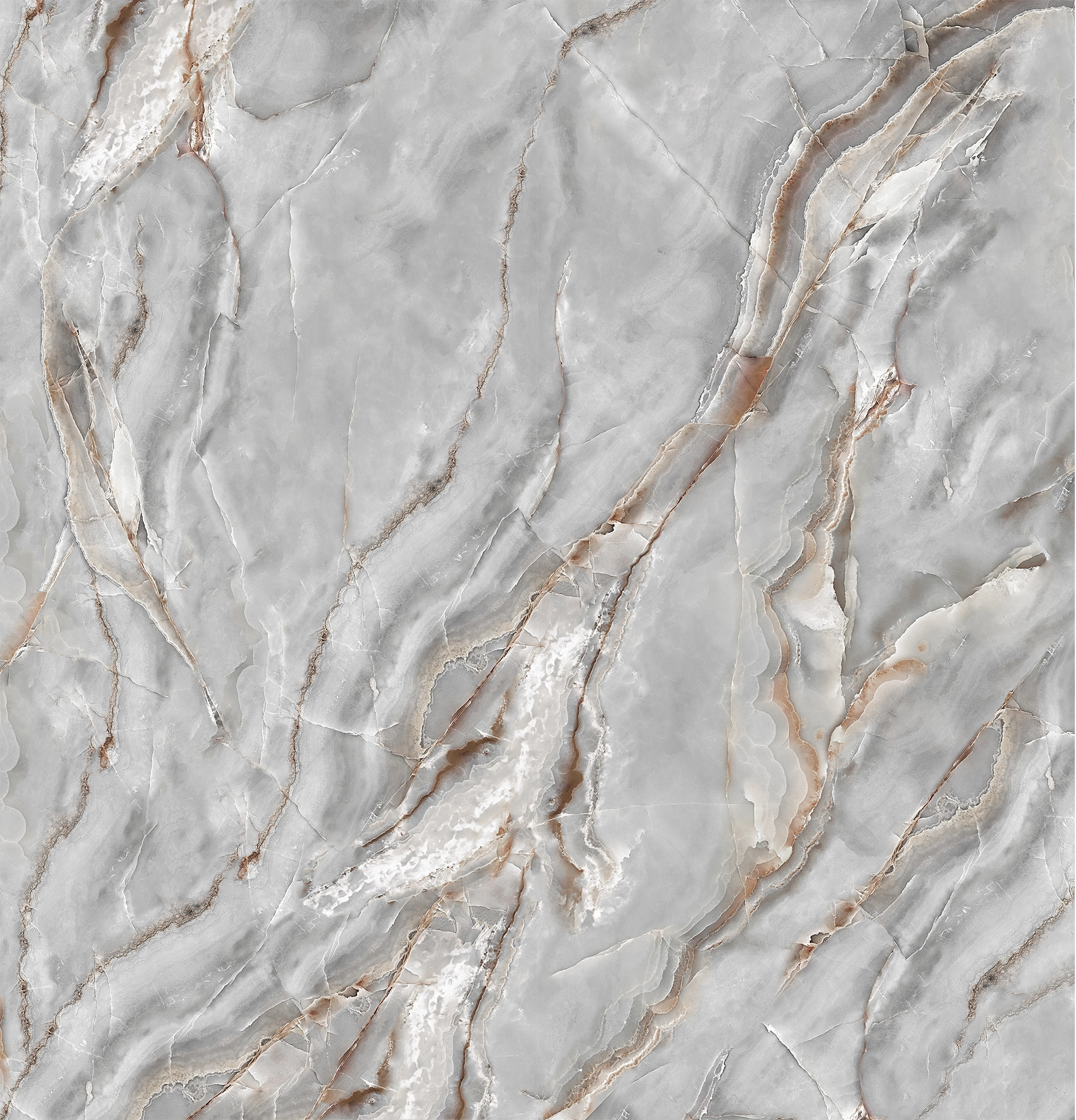 FX‑077 Luxury Grey Onyx flexible marble panel showcasing swirling smoky grey onyx patterns with delicate white cloud‑like inclusions and subtle warm beige veins, by Dunya Home Design.