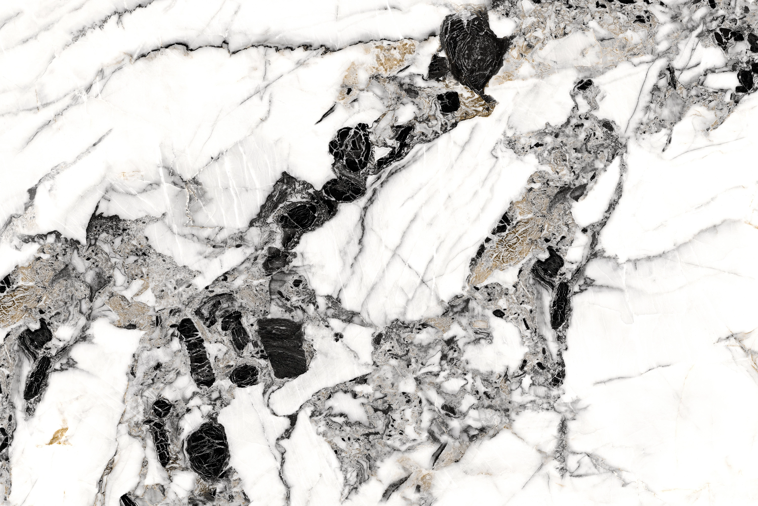 Veroli Mix flexible marble panel showcasing a crisp white base with bold irregular black veining, delicate gray marbling textures, and subtle metallic gold accents, by Dunya Home Design.