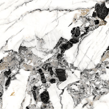 Veroli Mix flexible marble panel showcasing a crisp white base with bold irregular black veining, delicate gray marbling textures, and subtle metallic gold accents, by Dunya Home Design.