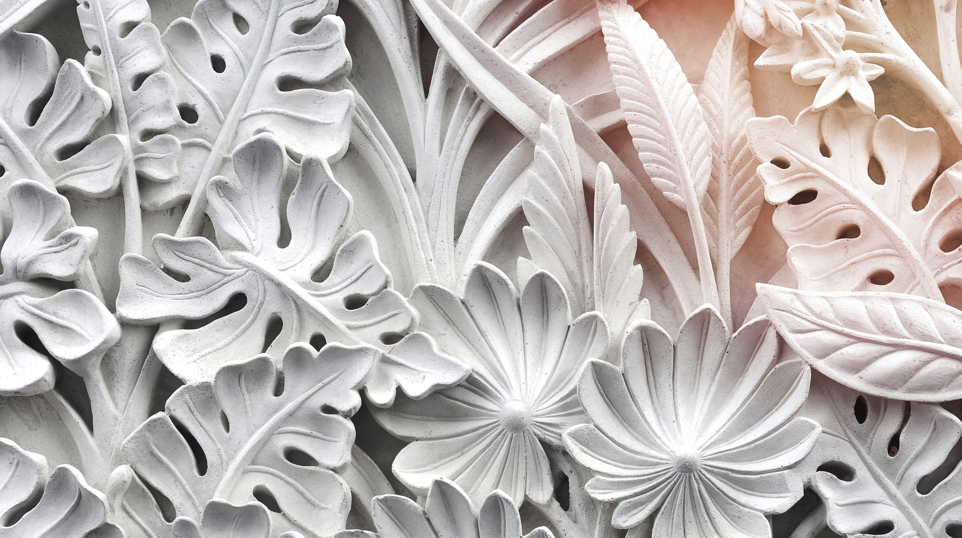 FX‑111 Ceramic Leaf Motif flexible marble panel featuring embossed white ceramic‑inspired tropical leaf and flower relief patterns with fine surface texture, by Dunya Home Design.