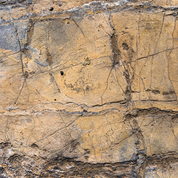 FX‑128 Ochre Strata Marble flexible marble panel showcasing layered ochre and earthy taupe sedimentary strata patterns with realistic fissures and rustic texture accents, by Dunya Home Design.