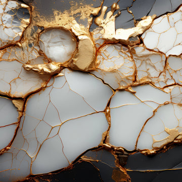 FX‑133 Golden Fracture Marble flexible marble panel showcasing irregular white crystalline fragments set against deep black zones, linked by vivid metallic gold vein fractures, by Dunya Home Design.