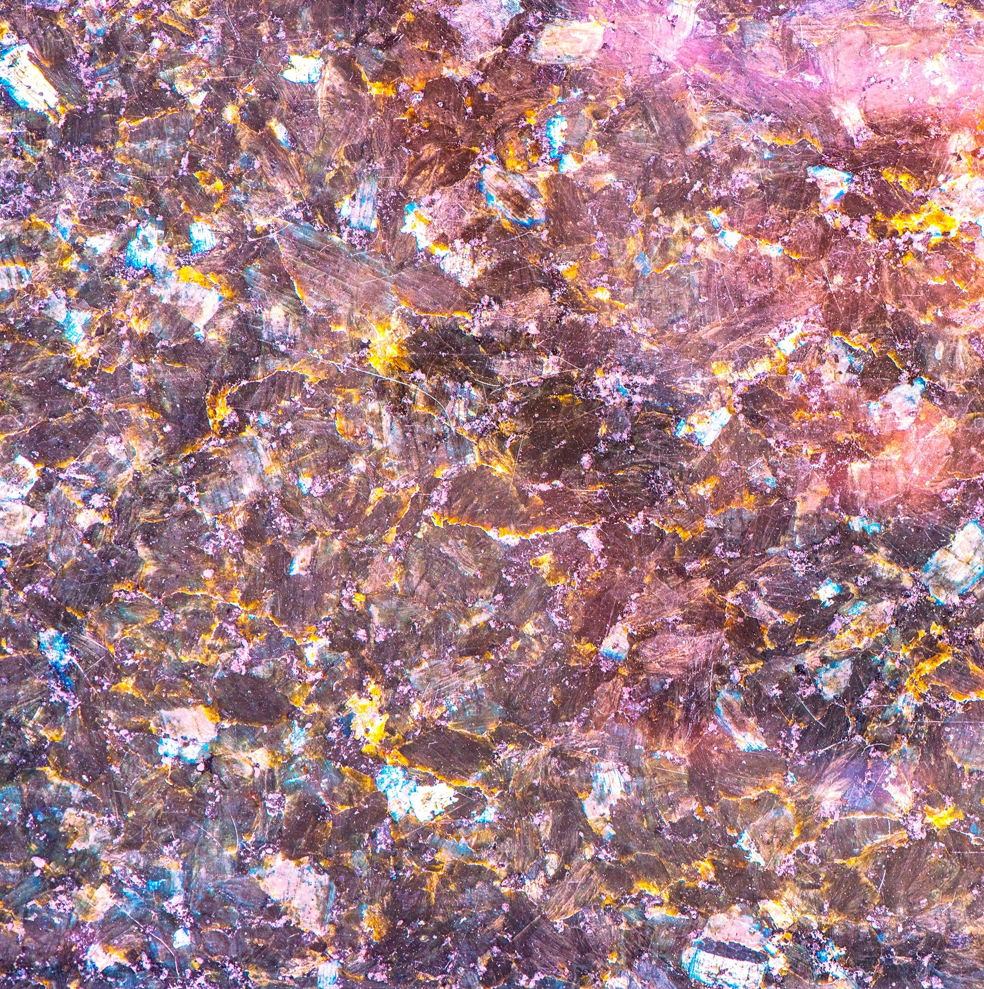 FX ‑ 135 Blush Nebula Marble flexible marble panel showcasing shimmering blush‑pink crystalline fragments interspersed with metallic gold veins and iridescent blue highlights, by Dunya Home Design.