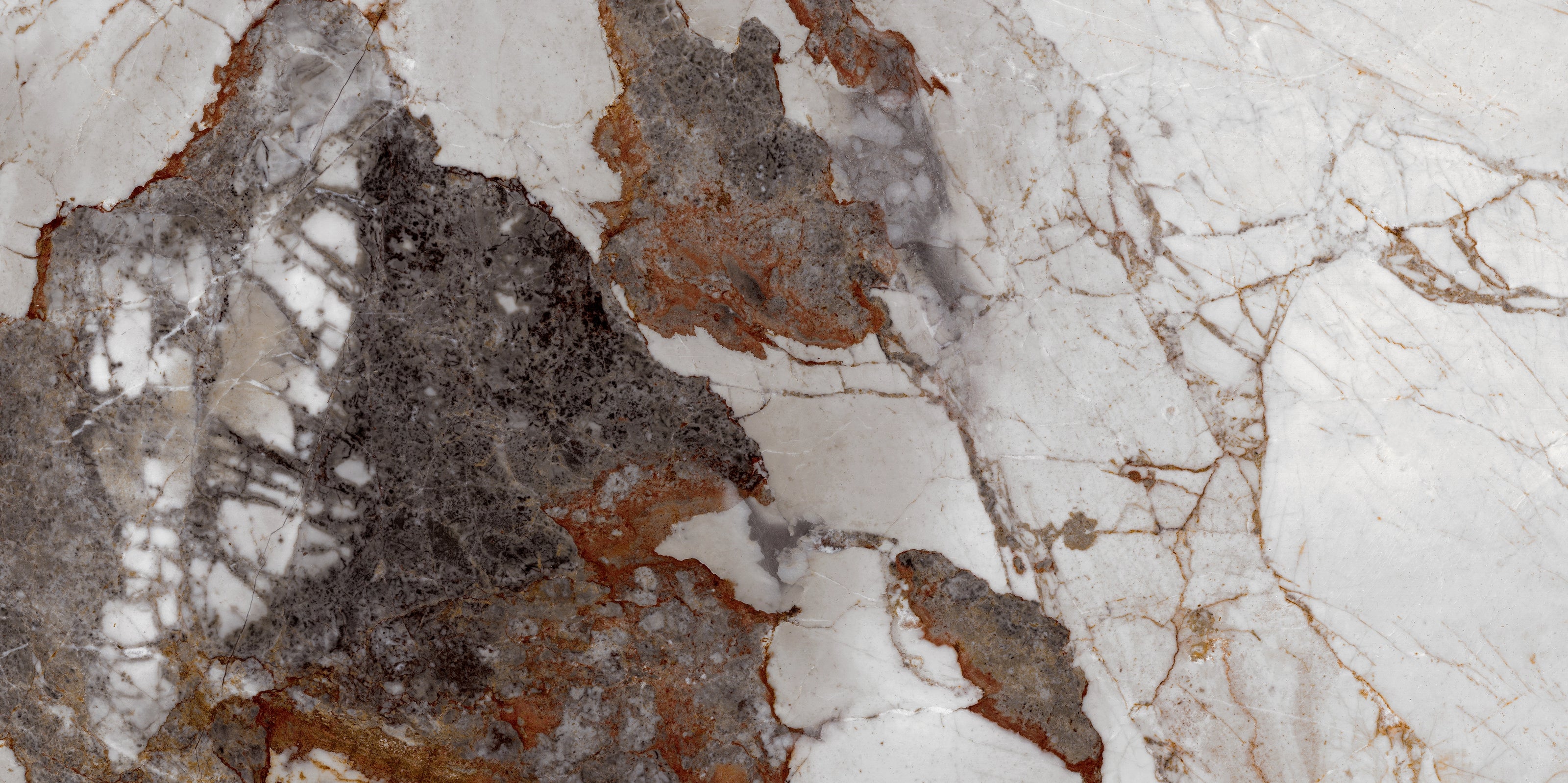 FX‑144 Glacial Veil Marble flexible marble panel by Dunya Home Design: a cool white matrix punctuated by broad, irregular swaths of soft gray and rusty ochre, all crisscrossed with fine, golden‑brown veins that trace delicate web‑like patterns across the surface.