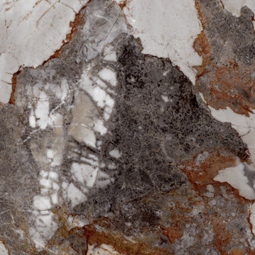 FX‑144 Glacial Veil Marble flexible marble panel by Dunya Home Design: a cool white matrix punctuated by broad, irregular swaths of soft gray and rusty ochre, all crisscrossed with fine, golden‑brown veins that trace delicate web‑like patterns across the surface.