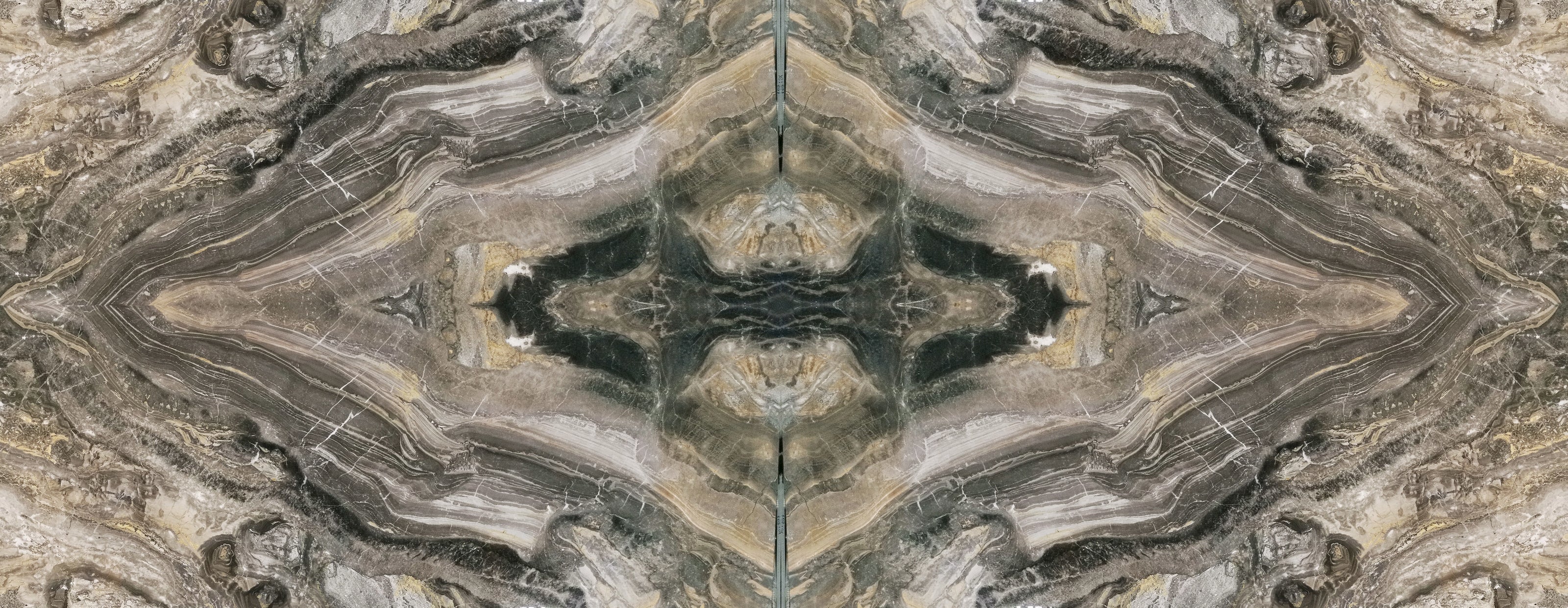 FX ‑ 170 Mirrored Smoke Onyx Marble flexible marble panel showcasing a perfectly book‑matched, mirrored onyx pattern of smoky grey and charcoal bands radiating from the center, accented by wispy ivory veins and flecks of warm gold, by Dunya Home Design.