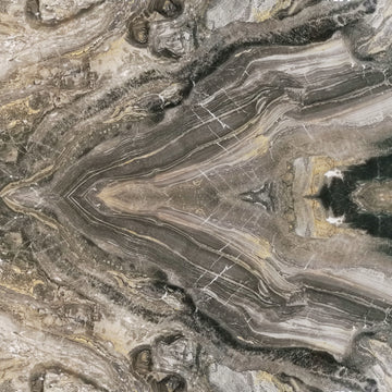 FX ‑ 170 Mirrored Smoke Onyx Marble flexible marble panel showcasing a perfectly book‑matched, mirrored onyx pattern of smoky grey and charcoal bands radiating from the center, accented by wispy ivory veins and flecks of warm gold, by Dunya Home Design.