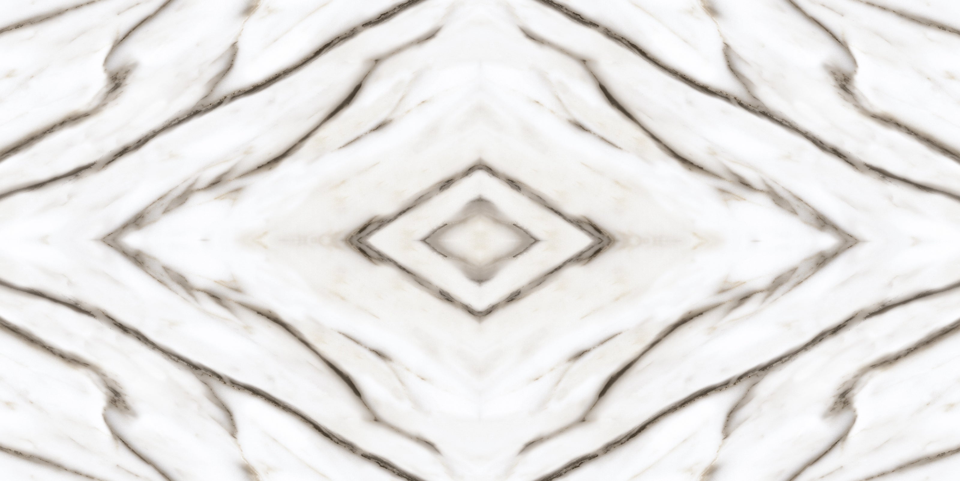 FX ‑ 179 Celestial Diamond Marble flexible marble panel showcasing a luminous white background mirrored into a central diamond motif with softly diffused gray veining that radiates outward like cosmic geometry, by Dunya Home Design.