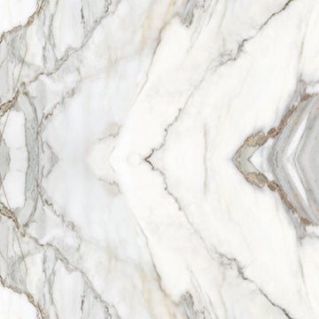 FX ‑ 180 Auric Prism Calacatta Marble flexible marble panel showcasing a luminous white Calacatta background book‑matched into a central diamond prism motif with soft gray and warm gold veins radiating outward like molten metal highlights, by Dunya Home Design.