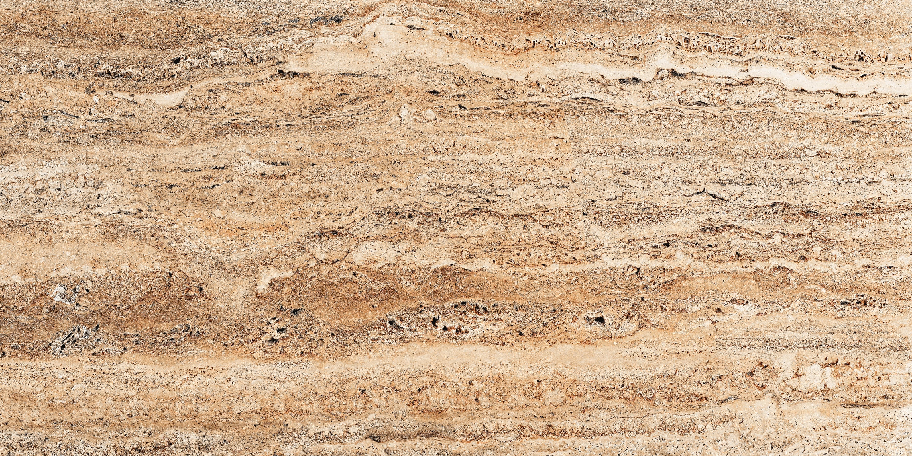 FX‑183 Savannah Strata Marble flexible marble panel showcasing warm, sandy‑beige and honey‑tan horizontal striations interspersed with deeper rust‑brown veins and subtle pitted textures, by Dunya Home Design.