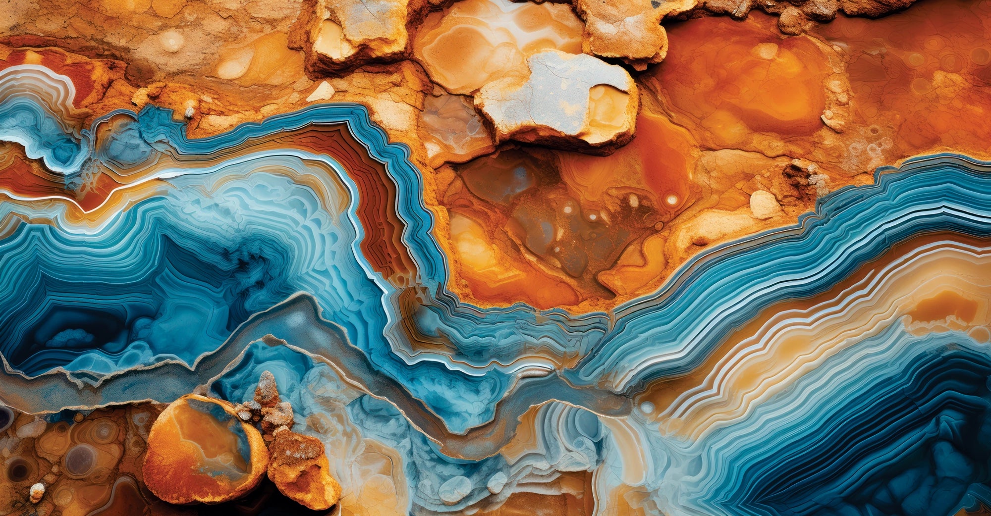 Marble mural of vibrant topaz and sapphire agate stone pattern with layered textures in amber, blue, and earthy tones
