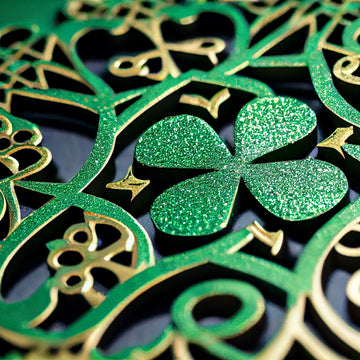Sparkling green clover centerpiece with gold-accented Celtic motifs — FX162 Clover by Dunya Home Design.