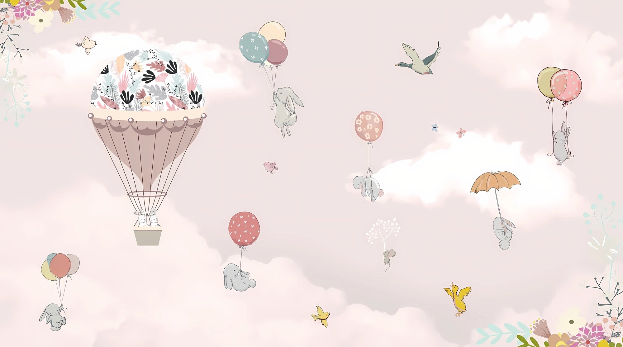 Whimsical pastel-themed marble panel featuring illustrated bunnies floating with balloons, a floral hot air balloon, birds, and dreamy clouds on a soft pink background