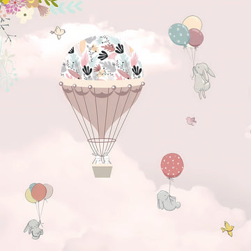 Whimsical pastel-themed marble panel featuring illustrated bunnies floating with balloons, a floral hot air balloon, birds, and dreamy clouds on a soft pink background