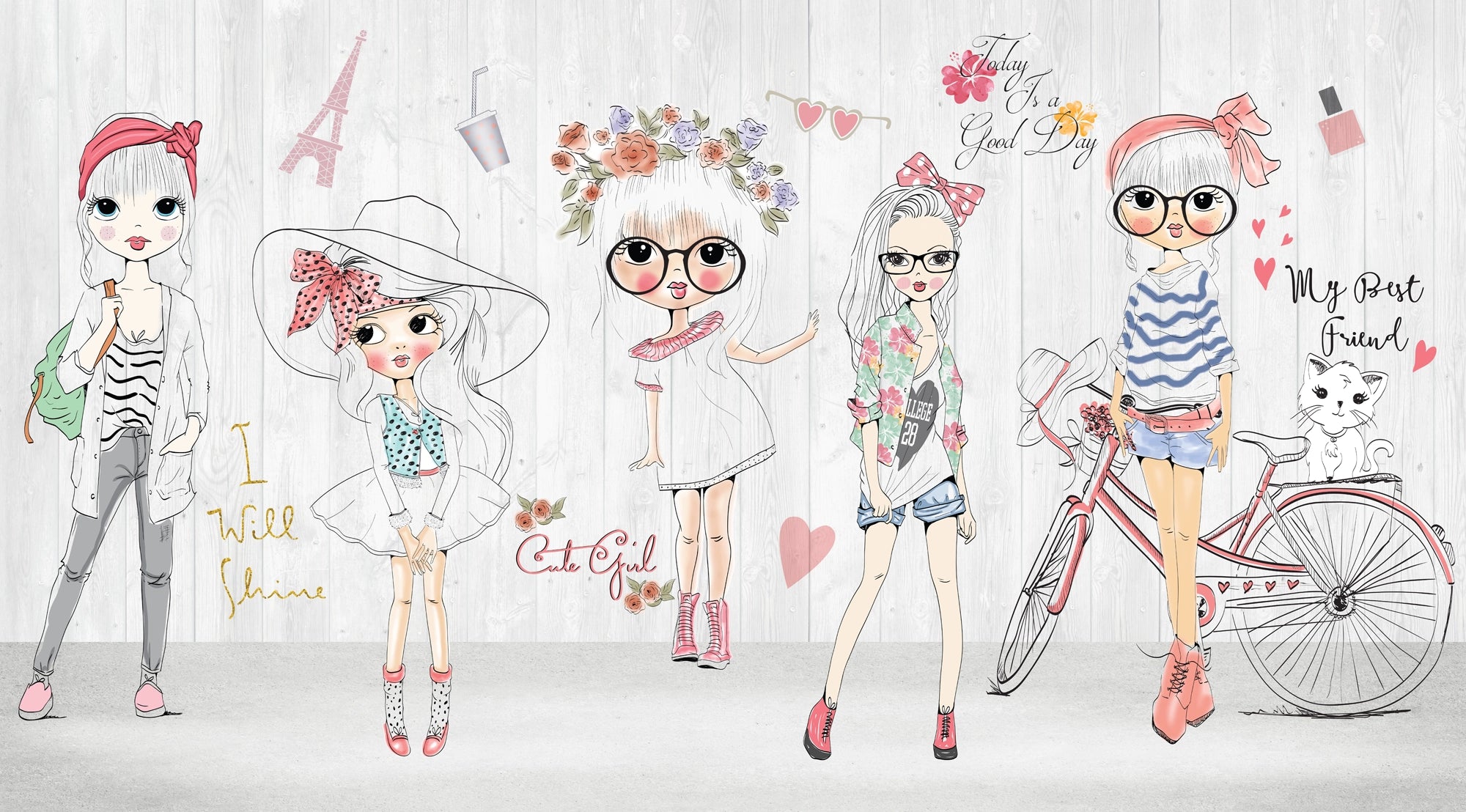 Illustrated fashion-themed marble panel featuring five stylish cartoon girls with accessories, flowers, bike, and pet cat on a white wood background