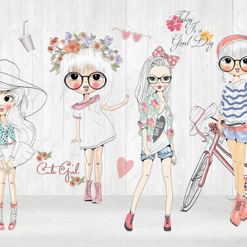 Illustrated fashion-themed marble panel featuring five stylish cartoon girls with accessories, flowers, bike, and pet cat on a white wood background
