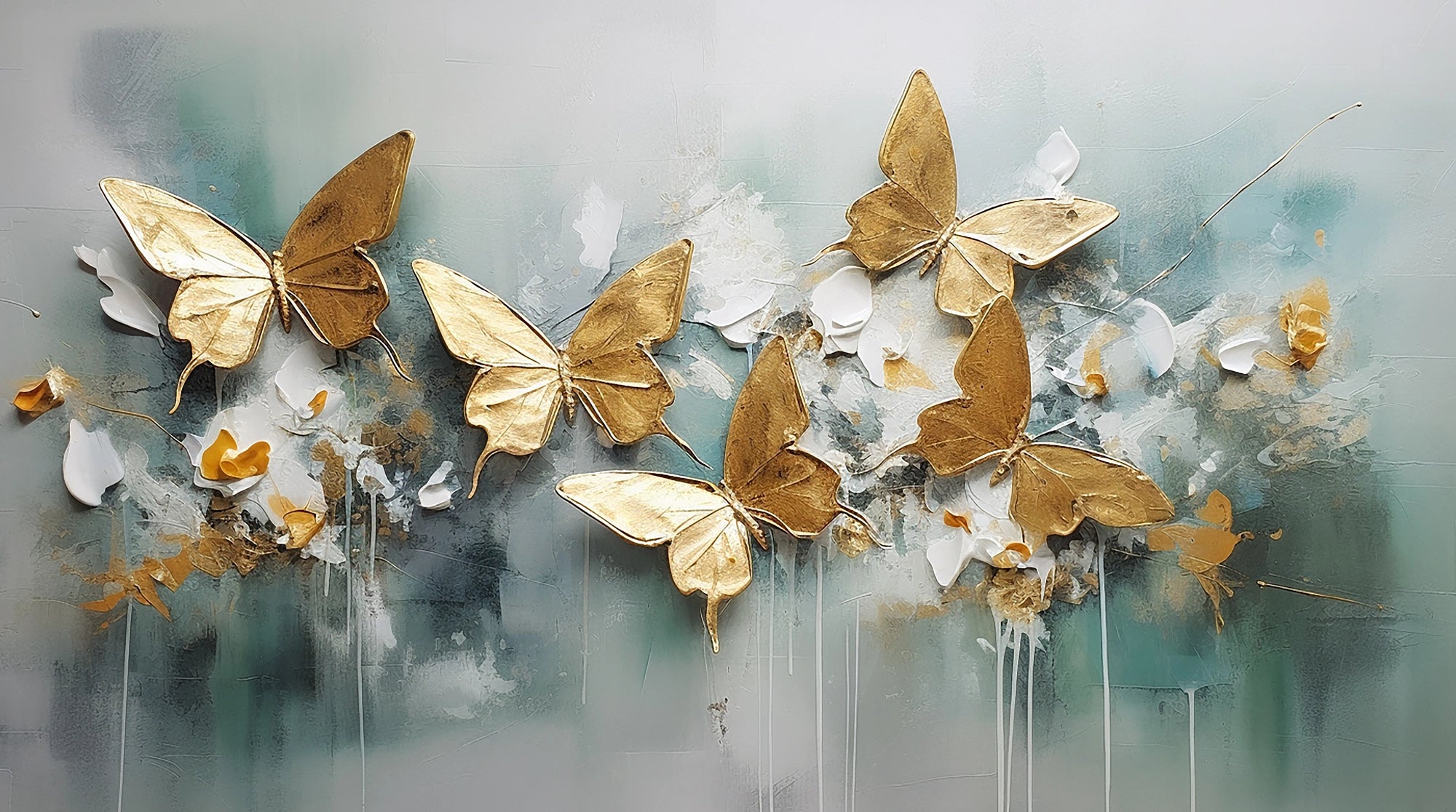 Whimsical marble surface with 3D golden butterflies and abstract floral accents — FX35 Butterfly by Dunya Home Design.