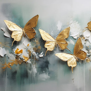 Whimsical marble surface with 3D golden butterflies and abstract floral accents — FX35 Butterfly by Dunya Home Design.