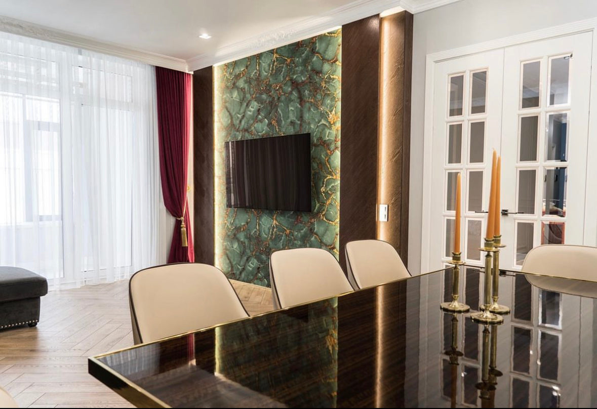 FLEXMARBLE entertainment center renovation with green onyx green in living room design decor 