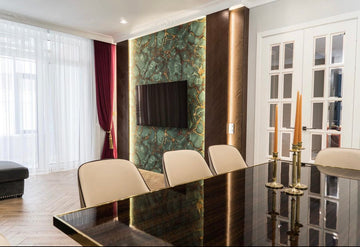 FLEXMARBLE entertainment center renovation with green onyx green in living room design decor 