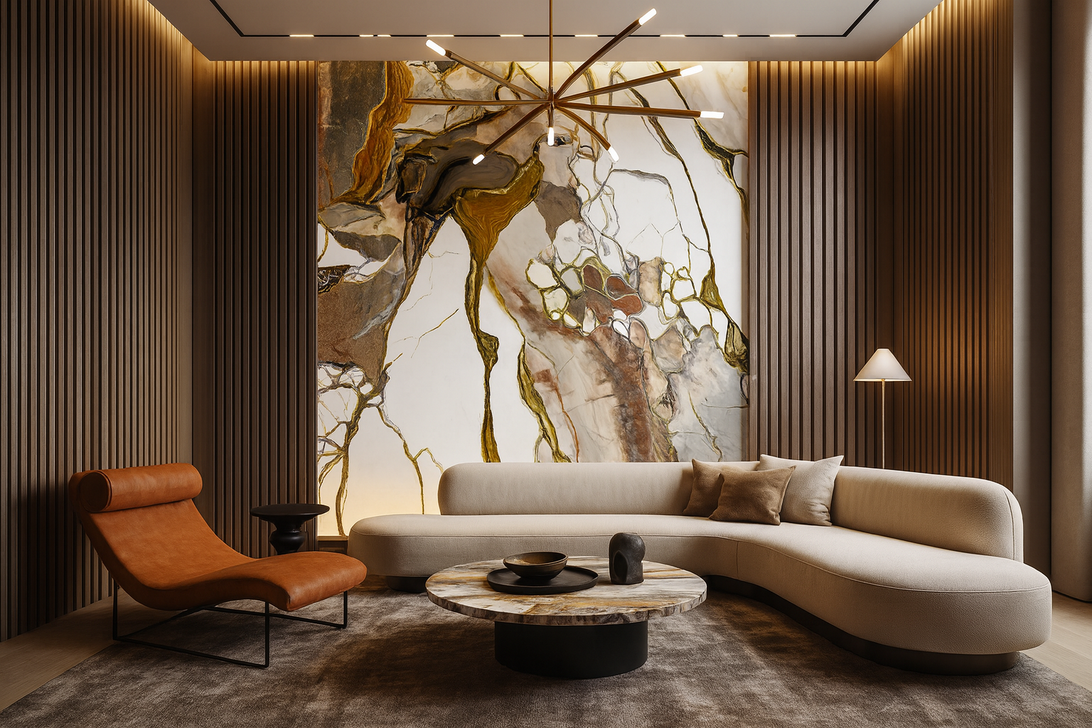 Retro Revival maximalist living room with bold colors, patterned furniture, and Dunya FlexMarble accent wall