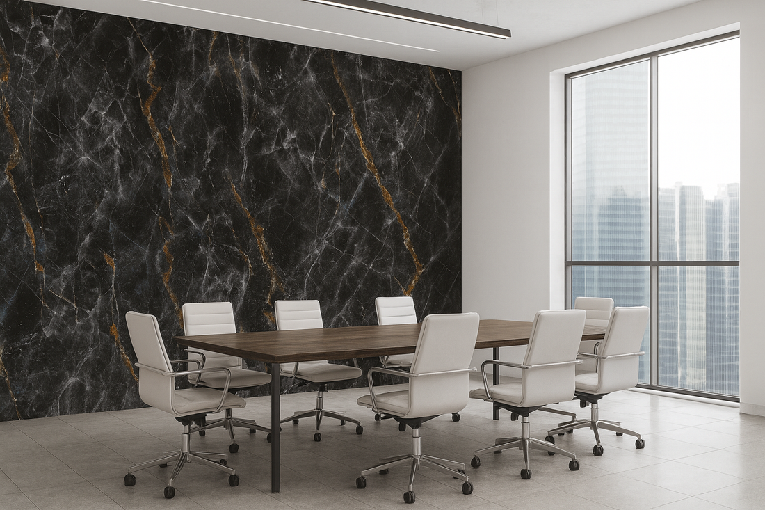Black marble tile with gold veins on a white background