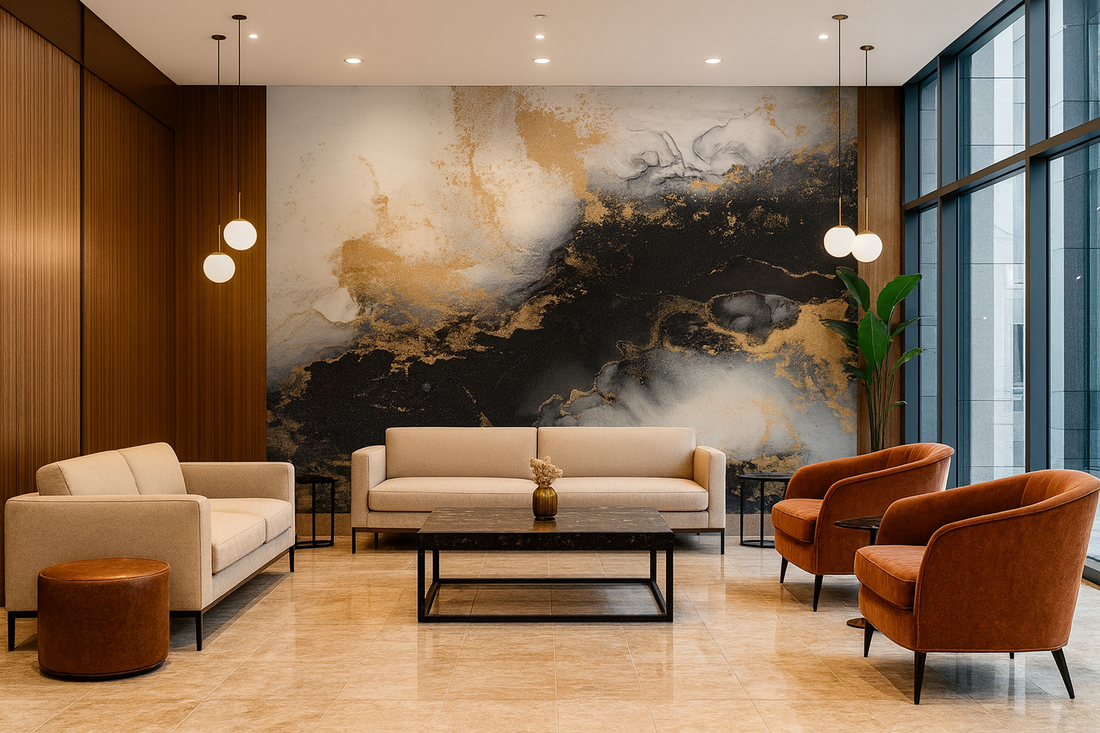 Modern living room with beige sofa, brown armchairs, and abstract wall art.