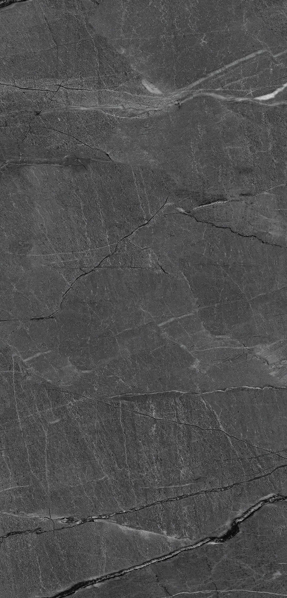 FX‑187 Midnight Rift Set flexible marble panel showcasing a deep charcoal‑black background with subtle slate‑grey texture and striking jagged white and silver-grey fissures that evoke the look of a dramatic nighttime rift, by Dunya Home Design.