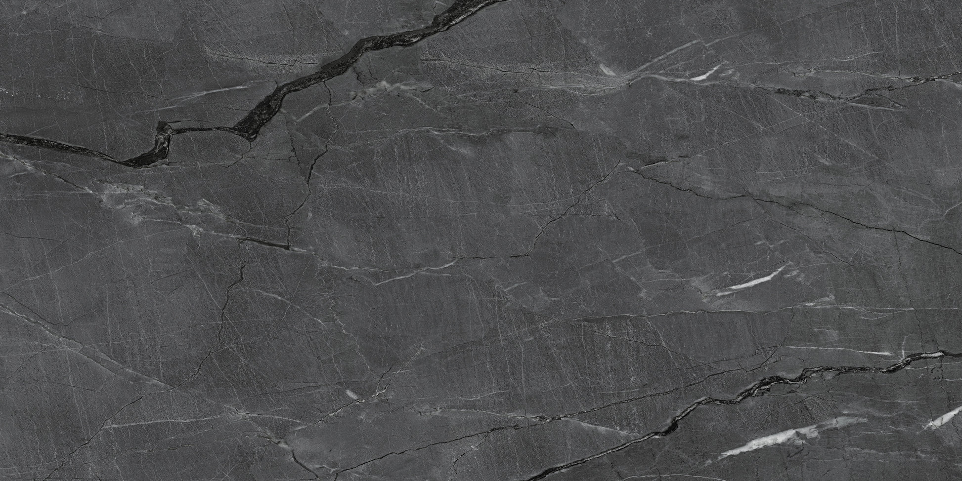FX‑187 Midnight Rift Set flexible marble panel showcasing a deep charcoal‑black background with subtle slate‑grey texture and striking jagged white and silver-grey fissures that evoke the look of a dramatic nighttime rift, by Dunya Home Design.