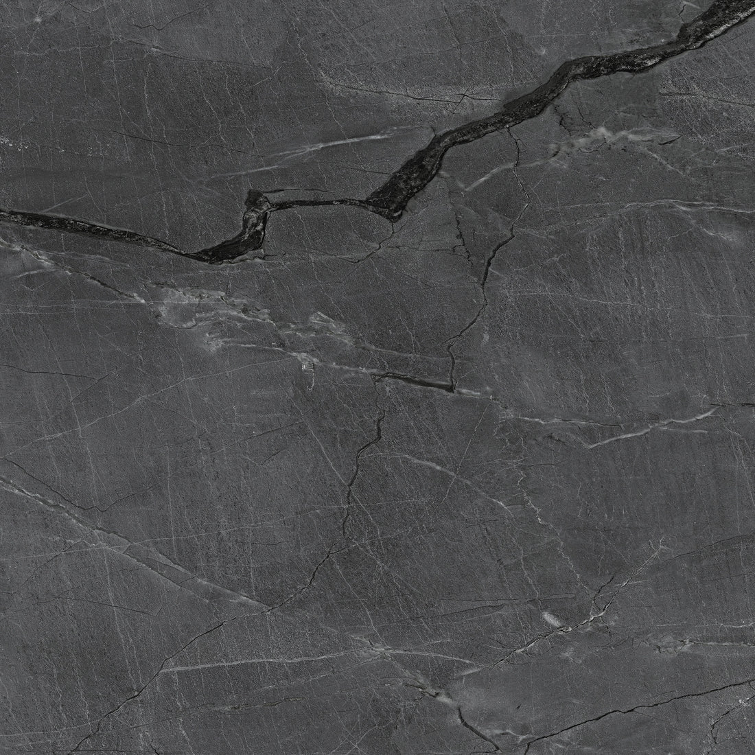 FX‑187 Midnight Rift Set flexible marble panel showcasing a deep charcoal‑black background with subtle slate‑grey texture and striking jagged white and silver-grey fissures that evoke the look of a dramatic nighttime rift, by Dunya Home Design.