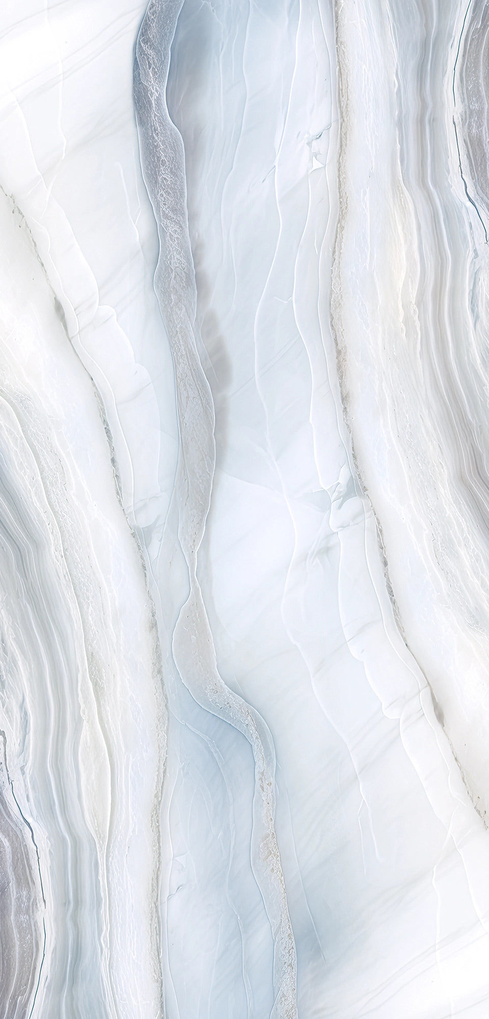 FX‑188 Glacial Mirage Set flexible marble panel showcasing a luminous white background with soft, translucent ice‑blue and silvery‑grey striations forming a mirrored, crystalline pattern reminiscent of frozen layers, by Dunya Home Design.