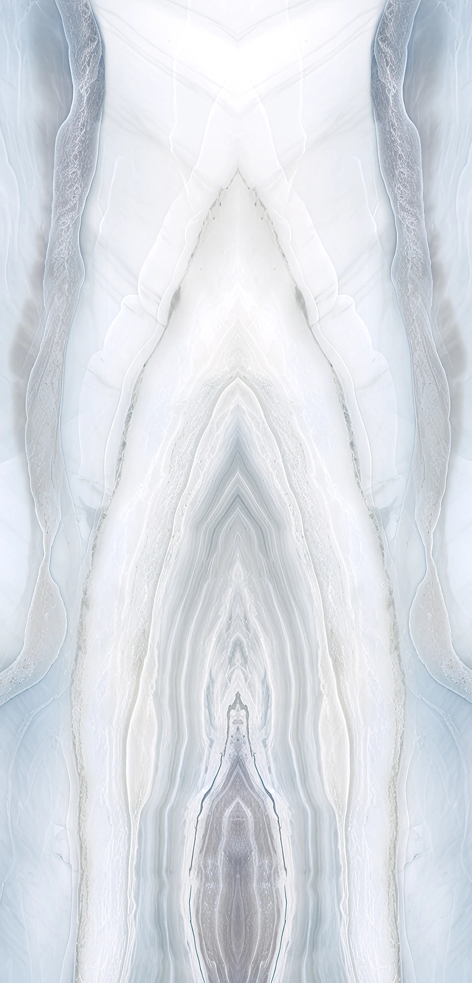 FX‑188 Glacial Mirage Set flexible marble panel showcasing a luminous white background with soft, translucent ice‑blue and silvery‑grey striations forming a mirrored, crystalline pattern reminiscent of frozen layers, by Dunya Home Design.