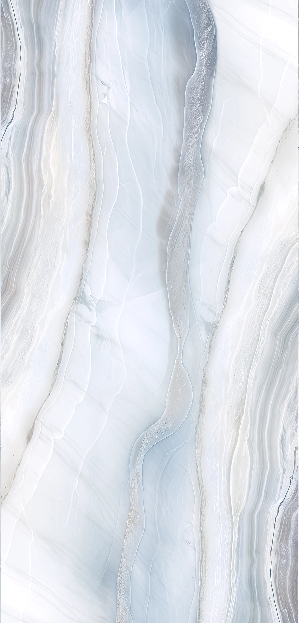 FX‑188 Glacial Mirage Set flexible marble panel showcasing a luminous white background with soft, translucent ice‑blue and silvery‑grey striations forming a mirrored, crystalline pattern reminiscent of frozen layers, by Dunya Home Design.