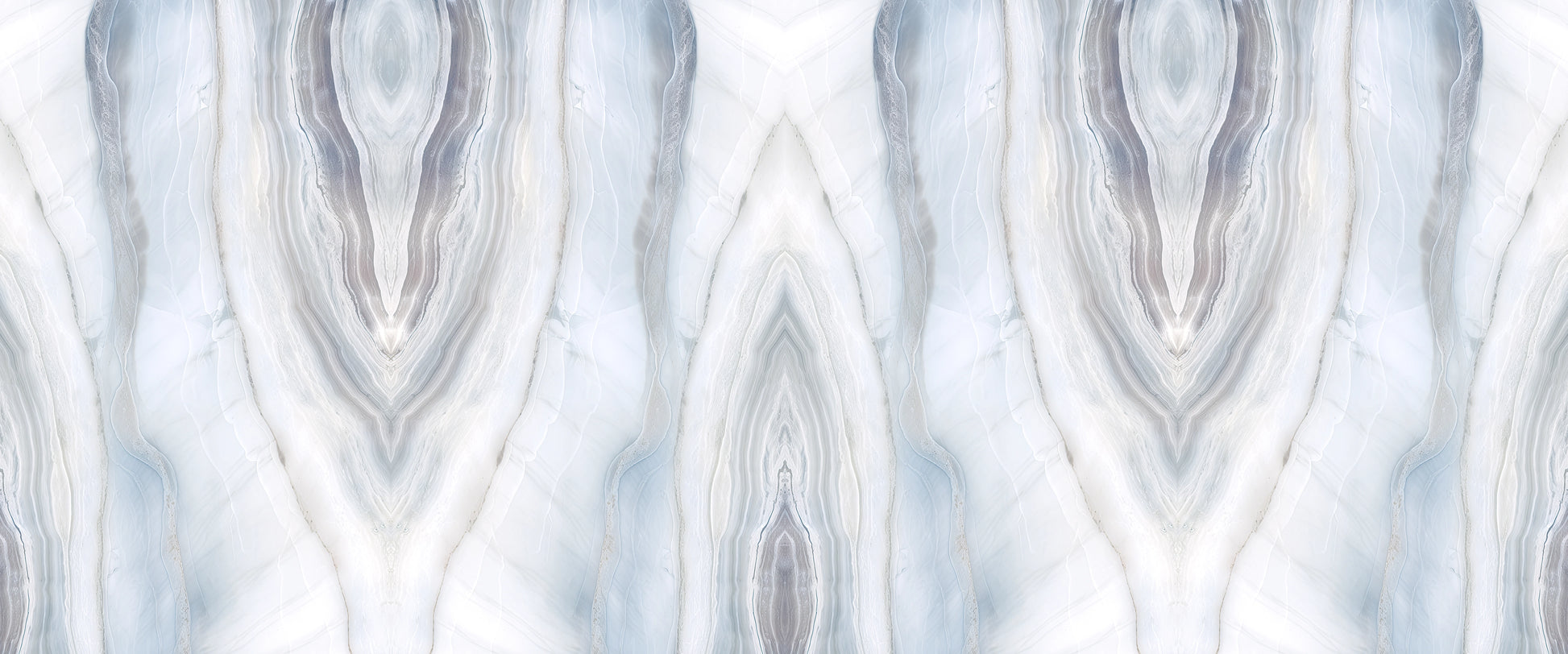 FX‑188 Glacial Mirage Set flexible marble panel showcasing a luminous white background with soft, translucent ice‑blue and silvery‑grey striations forming a mirrored, crystalline pattern reminiscent of frozen layers, by Dunya Home Design.