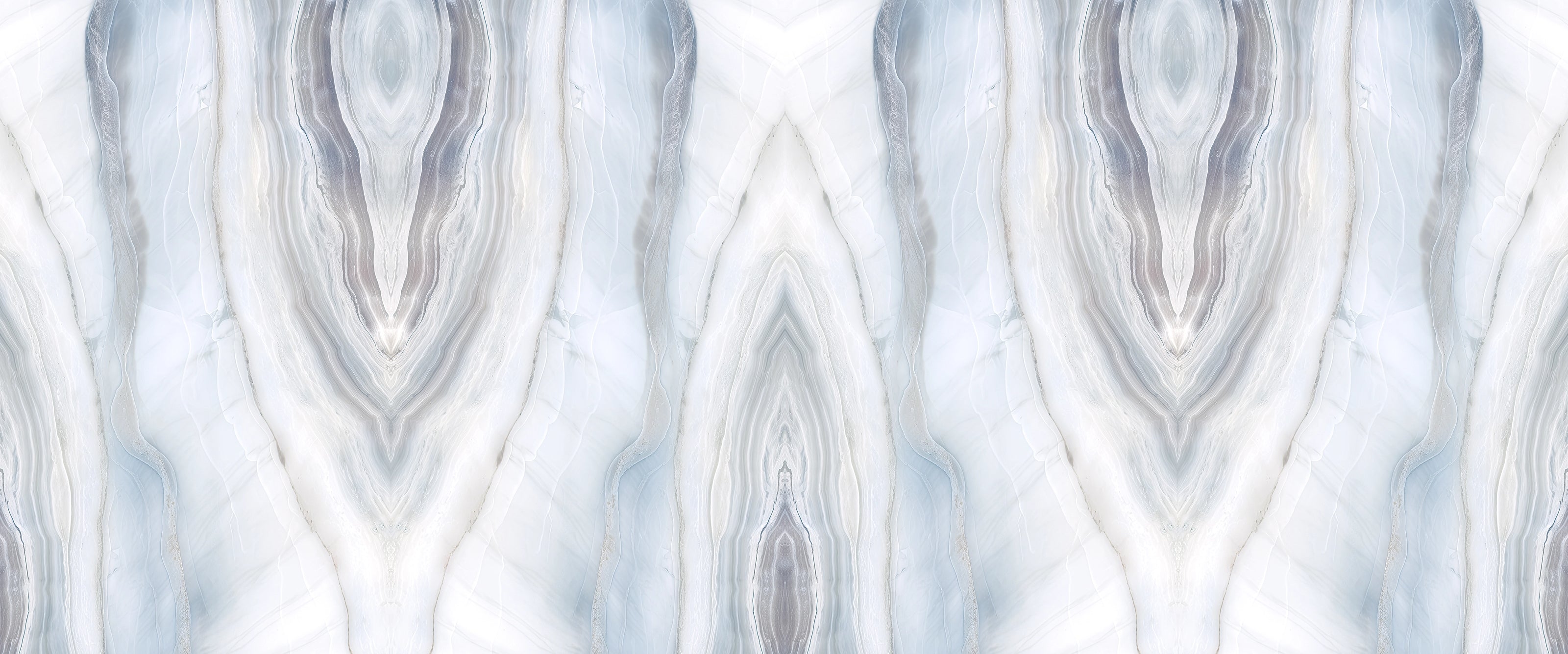 FX‑188 Glacial Mirage Set flexible marble panel showcasing a luminous white background with soft, translucent ice‑blue and silvery‑grey striations forming a mirrored, crystalline pattern reminiscent of frozen layers, by Dunya Home Design.