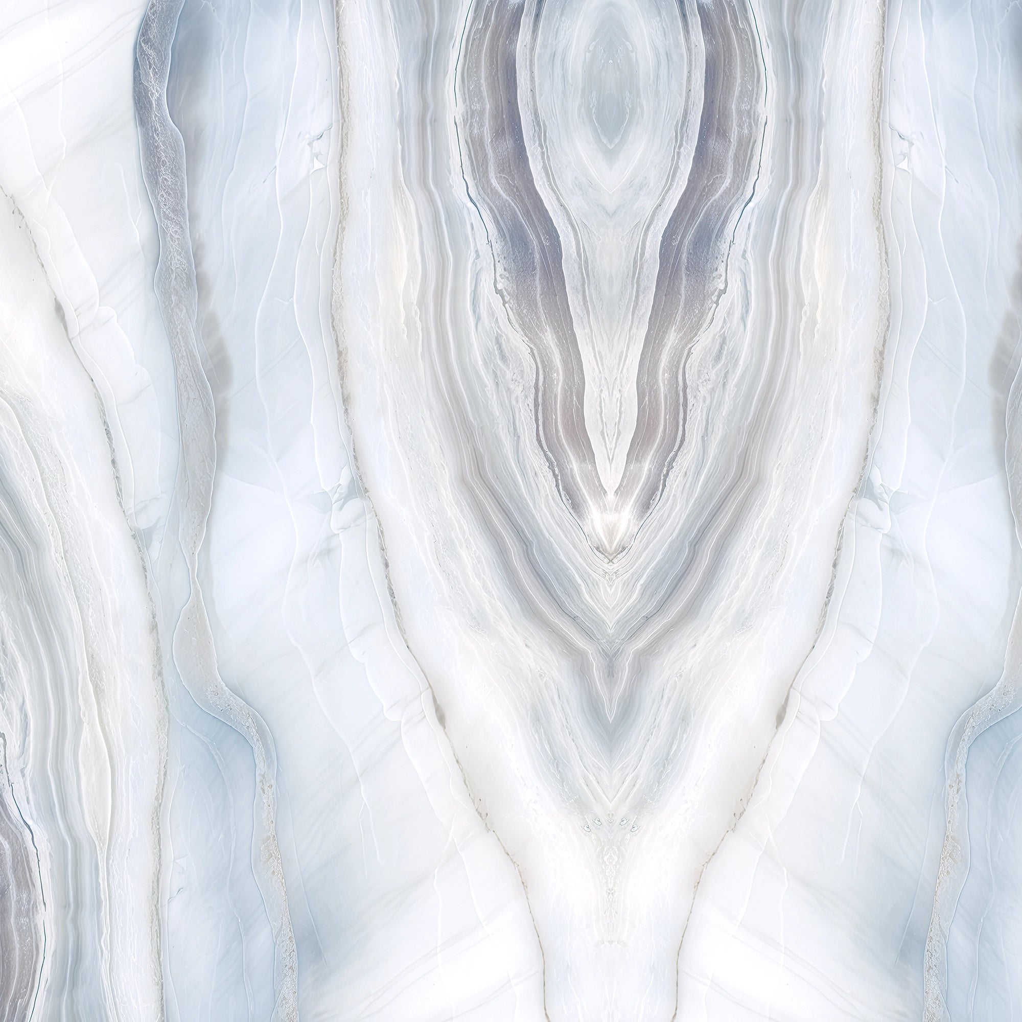 FX‑188 Glacial Mirage Set flexible marble panel showcasing a luminous white background with soft, translucent ice‑blue and silvery‑grey striations forming a mirrored, crystalline pattern reminiscent of frozen layers, by Dunya Home Design.