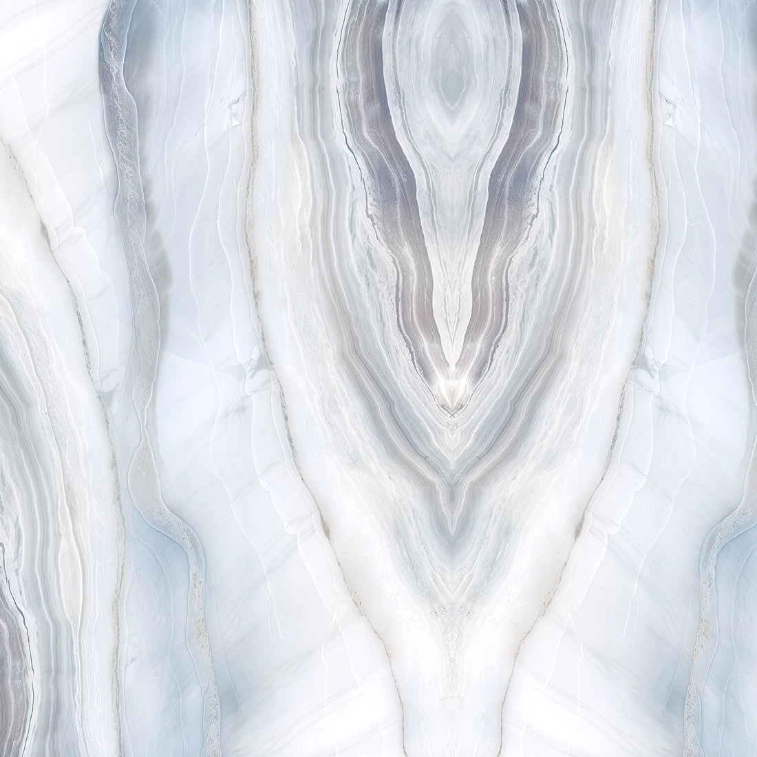 FX‑188 Glacial Mirage Set flexible marble panel showcasing a luminous white background with soft, translucent ice‑blue and silvery‑grey striations forming a mirrored, crystalline pattern reminiscent of frozen layers, by Dunya Home Design.