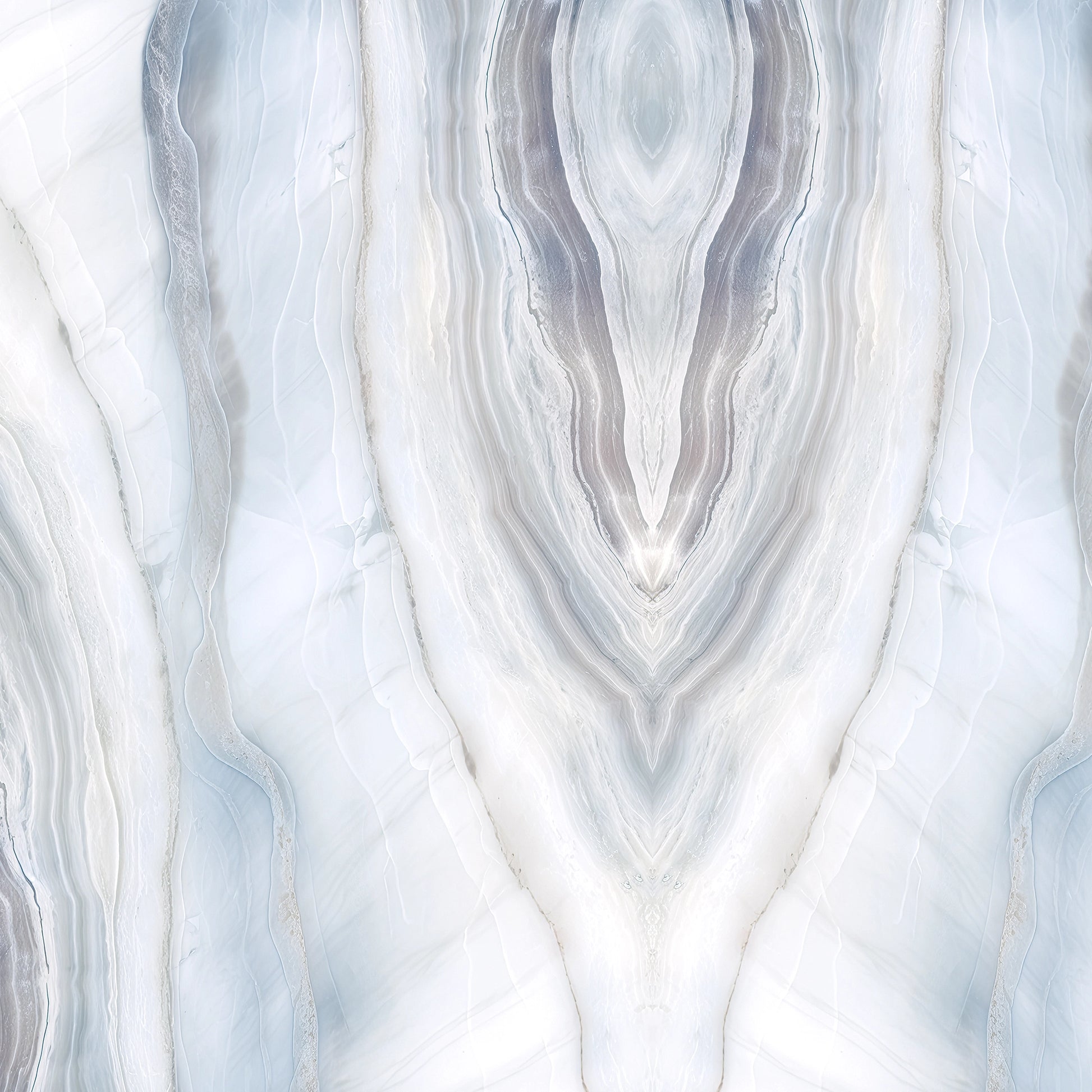FX‑188 Glacial Mirage Set flexible marble panel showcasing a luminous white background with soft, translucent ice‑blue and silvery‑grey striations forming a mirrored, crystalline pattern reminiscent of frozen layers, by Dunya Home Design.