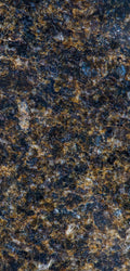 FX‑190 Midnight Ember Granite flexible granite panel showcasing a deep, near‑black background laced with iridescent midnight‑blue and smoky grey mineral flecks, interspersed with warm amber‑gold highlights that create a subtle, ember‑like glow, by Dunya Home Design.