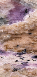 FX ‑ 161 Lavender Strata Marble flexible marble panel showcasing layered cream‑beige and warm taupe striations punctuated by wispy lavender‑purple veins, glimmering silvery crystal pockets, and scattered ebony mineral flecks, by Dunya Home Design.