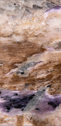 FX ‑ 161 Lavender Strata Marble flexible marble panel showcasing layered cream‑beige and warm taupe striations punctuated by wispy lavender‑purple veins, glimmering silvery crystal pockets, and scattered ebony mineral flecks, by Dunya Home Design.