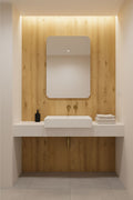 Modern bathroom with wooden wall, sink, and mirror