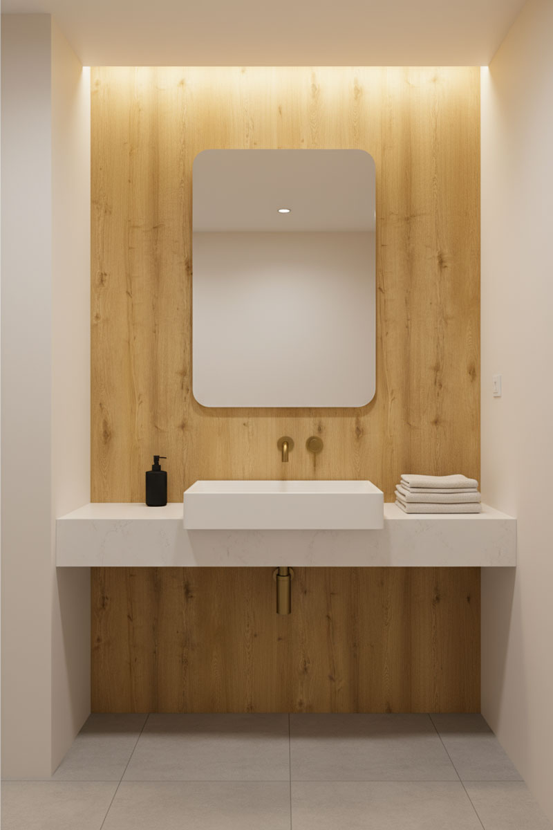 Modern bathroom with wooden wall, sink, and mirror