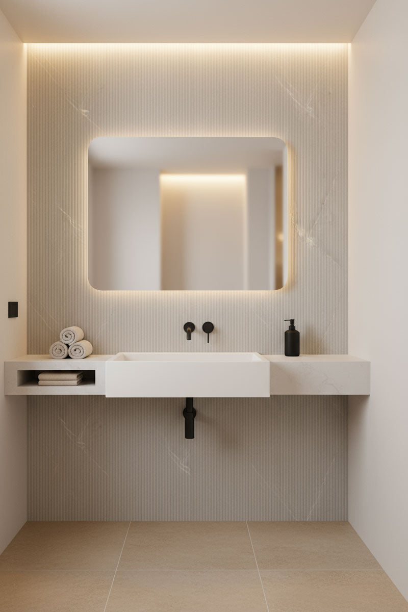 Modern bathroom vanity with illuminated mirror and tiled walls.