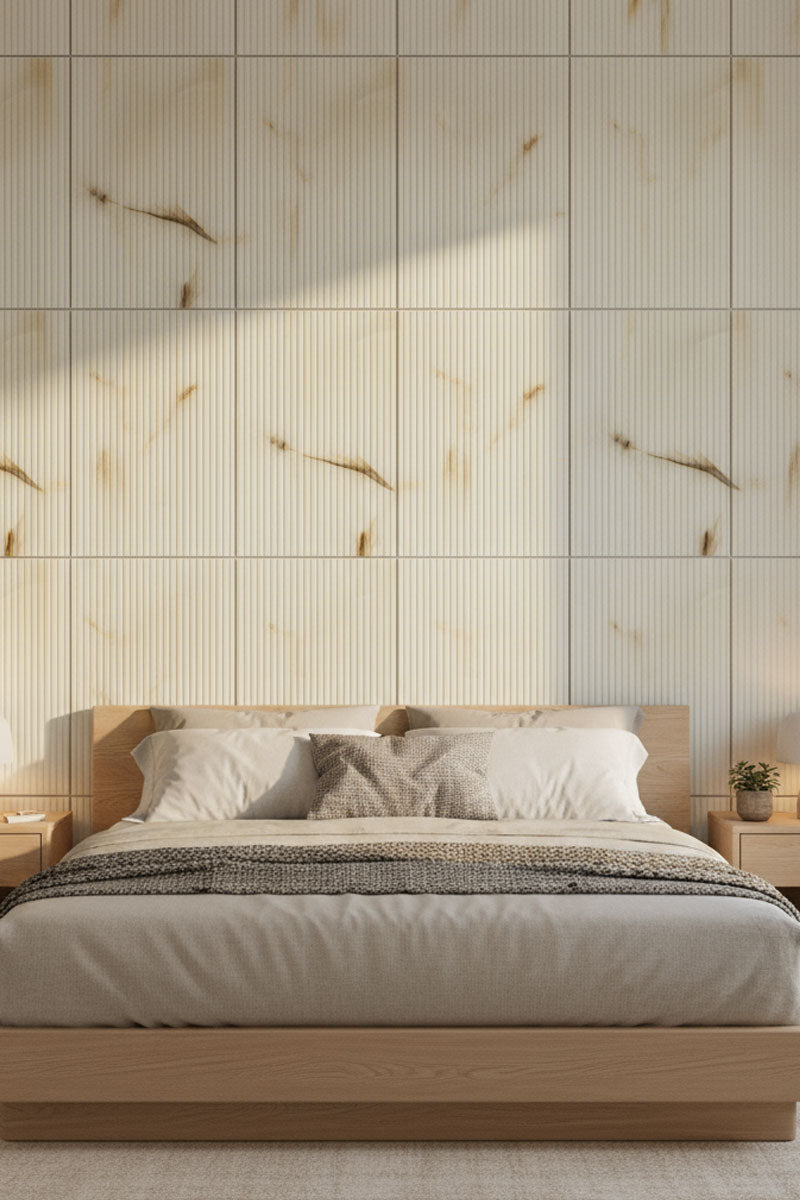 Bedroom with wooden bed and light-colored wall