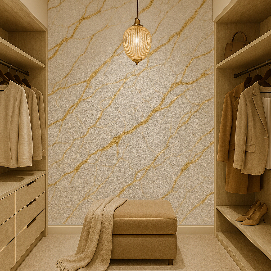 Modern walk-in closet with beige marble walls, shelves, and furniture.