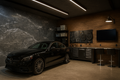 Modern garage with a black Mercedes-Benz car, wooden walls, and tool storage.