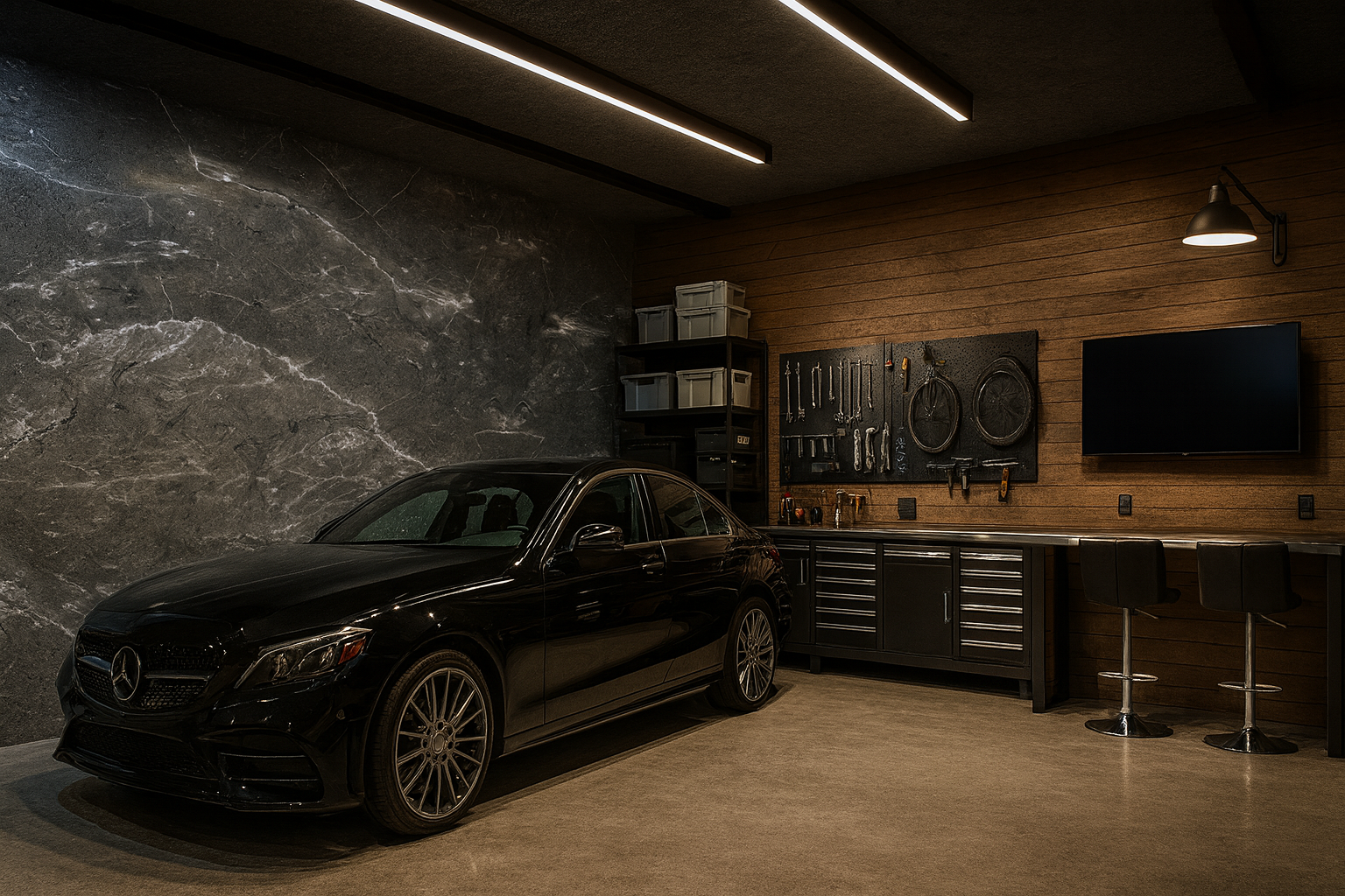 Modern garage with a black Mercedes-Benz car, wooden walls, and tool storage.