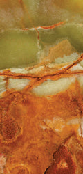 FX‑022 Onice Verde Fiamma flexible marble panel close‑up showing translucent olive‑green base with fiery orange‑red veins and creamy white banding, by Dunya Home Design