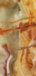 FX‑022 Onice Verde Fiamma flexible marble panel close‑up showing translucent olive‑green base with fiery orange‑red veins and creamy white banding, by Dunya Home Design